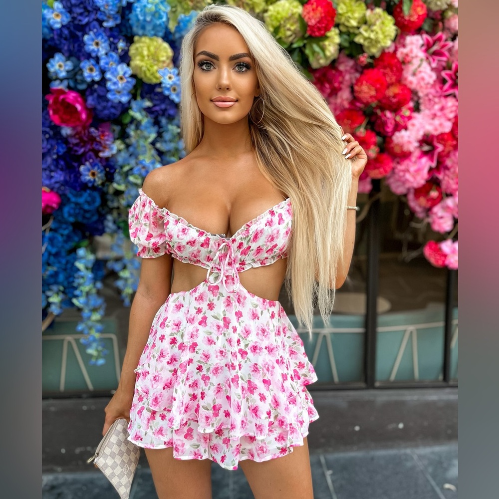 White Pink Floral Off Shoulder Romper - Picture 1 of 13